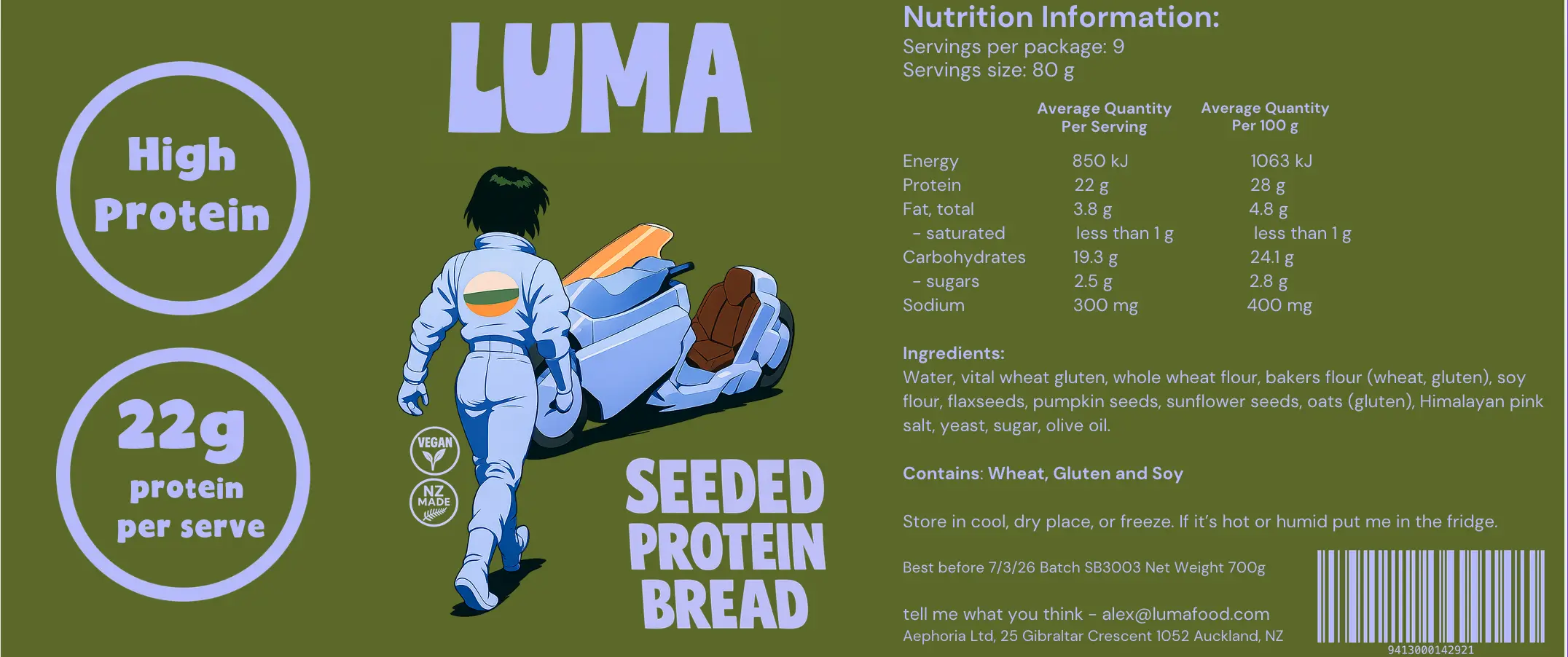 Luma Seeded Protein Bread label